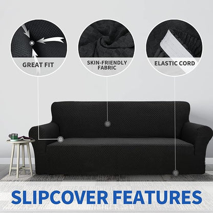 ZNSAYOTX 1 Piece Jacquard Couch Covers for 3 Cushion Couch Living Room High Stretch Sofa Cover Pets Dogs Friendly Anti Slip Thickened Slipcovers Furniture Protector (Sofa, Black)