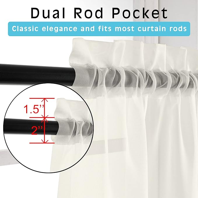 OVZME Ivory Window Valances Sheer Curtains, Modern Top Dual Rod Pocket Light Filtering Voile Drapes for Small Window Kitchen Cafe Sheer Curtains 2 Panels, 42W x 14L Inch