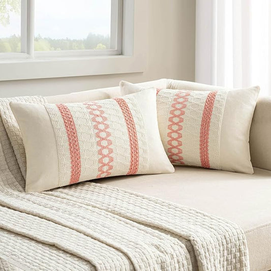 MIULEE Set of 2 Coral Red Boho Valentines Decorative Lumbar Pillow Covers 12x20 Inch Farmhouse Rustic Couch Throw Pillows Modern Spring Cushion Covers Cute Macrame Woven Home Decor for Bed Sofa Chair