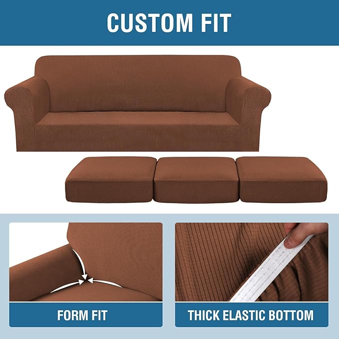 H.VERSAILTEX 4 Piece Stretch Sofa Covers for 3 Cushion Couch Covers for Living Room Furniture Slipcovers (Base Cover Plus 3 Seat Cushion Covers) Thicker Jacquard Fabric (Large Sofa, Caramel)