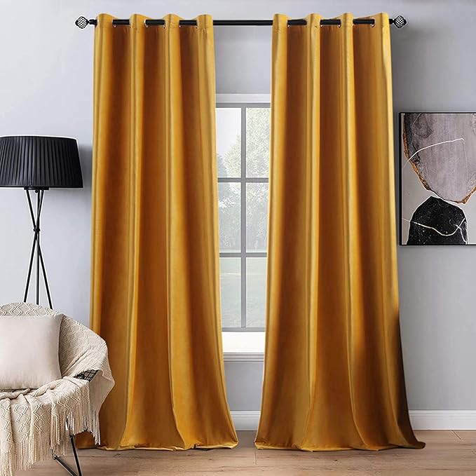 MIULEE 2 Panels Blackout Velvet Curtains Solid Soft Grommet Mustard Yellow Curtains Thermal Insulated Soundproof Room Darkening Black Out Drapes/Panels for Fall Living Room Bedroom 52 x 108 Inch