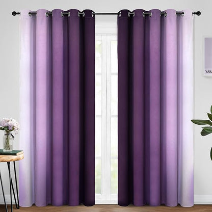 Yakamok Room Darkening Ombre Curtains 84 Inch Length, Purple and Greyish White Thermal Insulated Gradient Color Curtains,Light Blocking Grommet Window Drapes for Bedroom,62 Inch Width,2 Panels