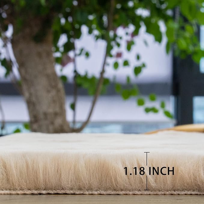 ORINOVA Beige Plush Faux Rabbit Shaggy Fur Rug for Living Room Large Fluffy Washable Runner Area Rugs for Bedroom 2x8 Runner Nursery Rug
