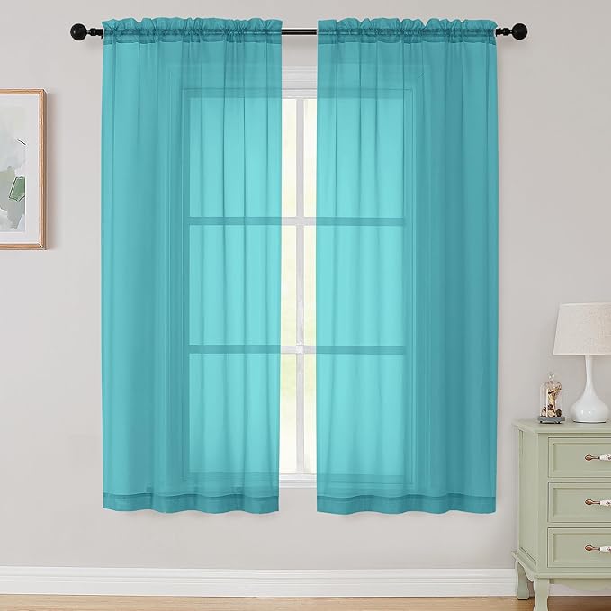 Sheer Turquoise Curtains for Bedroom Living Room 63 Inch Length 2 Panels, Airy Soft Light Filtering Sheer Dining Room Curtains, Modern Rod Pocket Drapes, Turquoise, Each 42" Wx63 L Inches