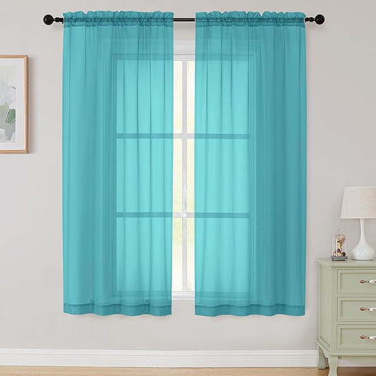 Sheer Turquoise Curtains for Bedroom Living Room 63 Inch Length 2 Panels, Airy Soft Light Filtering Sheer Dining Room Curtains, Modern Rod Pocket Drapes, Turquoise, Each 42" Wx63 L Inches