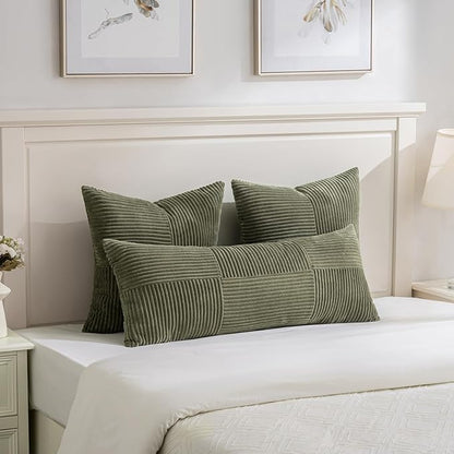 Fancy Homi Set of 2 Olive Green Boho Long Lumbar Body Decorative Throw Pillow Cover 14x36 Inch for Bed Couch Bedroom Bench, Soft Patchwork Corduroy Textured Pillow Case, Rustic Farmhouse Room Décor