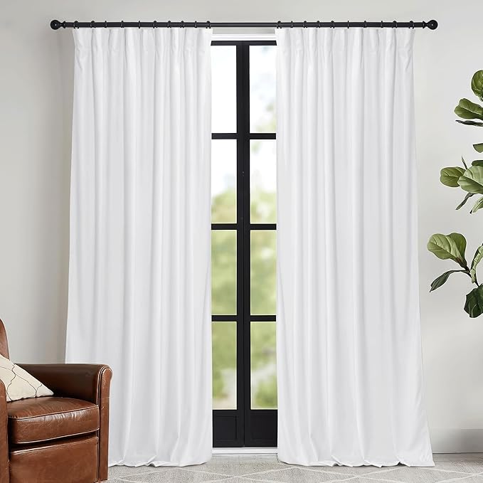 RYB HOME White Velvet Curtains 102 inches with Hook Belt, Soft Fabric Room Darkening Thermal Insulated Luxurious Home Decor Curtains for Living Room Bedroom, W 52" x L 102", 2 Panels Set