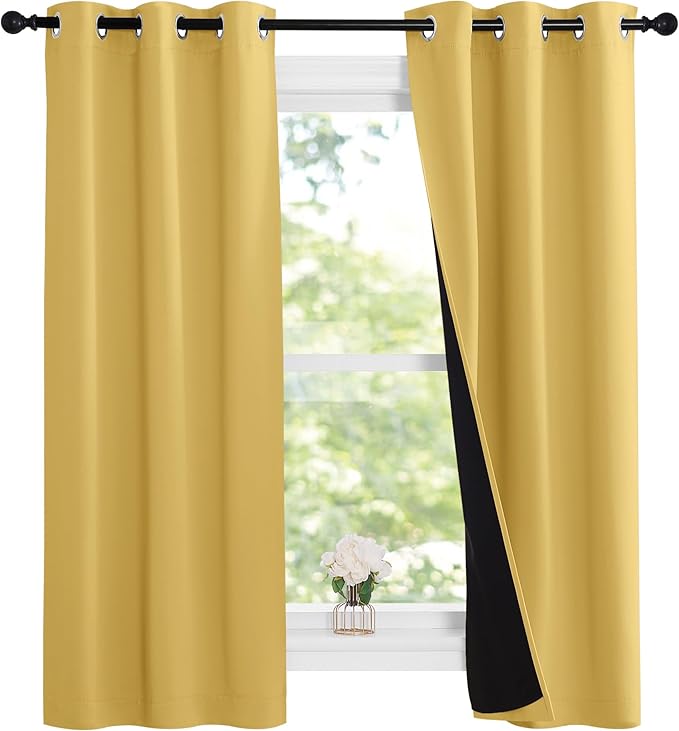 NICETOWN 100% Blackout Short Curtains with Black Liners, Thermal Insulated Full Blackout 2-Layer Lined Drapes, Energy Efficiency Window Draperies for Bedroom (2 Panels, 37" W by 63" L, Bright Yellow)