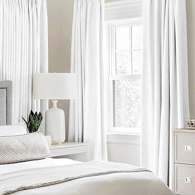 MIULEE 100% Blackout Linen Textured Curtains for Bedroom Solid Thermal Insulated Bright White Grommet Room Darkening Curtains & Drapes Luxury Decor for Living Room Nursery 52 x 96 Inch (2 Panels)