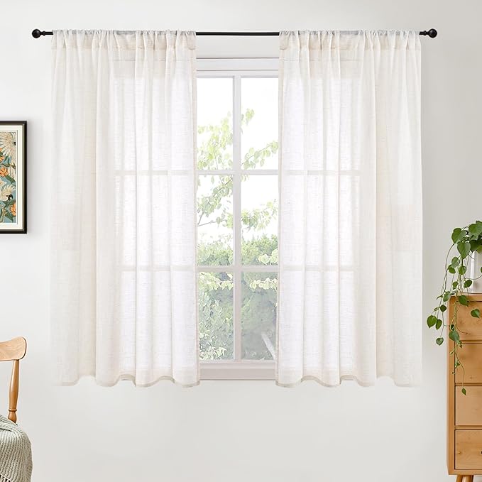 BGment 48 Inch Length Natural Linen Curtains for Short Living Room Window - Ivory Semi Sheer Textured Drapes Light Filtering with Rod Pocket for Bathroom Bedroom Lightweight, 2 Panels, 42 X 48 Inch