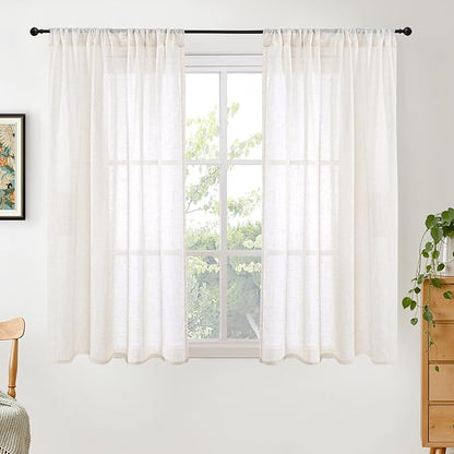 BGment Short Linen Curtains 54 Inch Length for Living Room - Rod Pocket Light Filtering Drapes Semi Sheer Textured for Bedroom Country Decorative Lightweight Natural Rustic, 2 Panels Set, 42 X 54 Inch