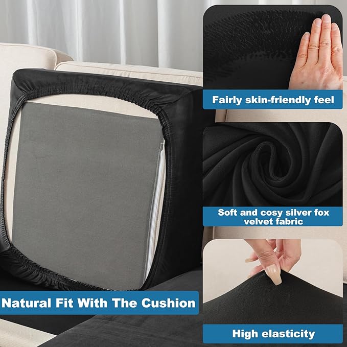 Couch Cover Stretch Velvet Sofa Cushion Cover 3-Piece - Elastic Washable Slipcover for Seat or Backrest, Couch Seat Covers for Sofas (Black)