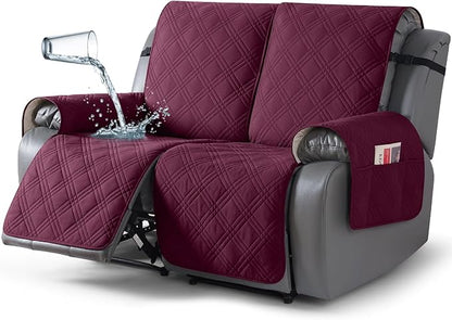 TAOCOCO 100% Waterproof Recliner Loveseat Cover Non Slip Couch Cover for 2 Seat Reclining Sofa, Split Reclining Loveseat Covers 2-Piece with Straps for Kids Pets(2 Seater, Wine)