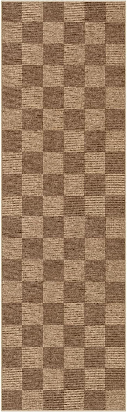Lahome Colette Checkered Easy Jute Kitchen Runner, 2x8 Washable Indoor Outdoor Runner Rug, Checkerboard Non Slip Non Shedding Neutral Carpet for Hallway Entryway Foyer