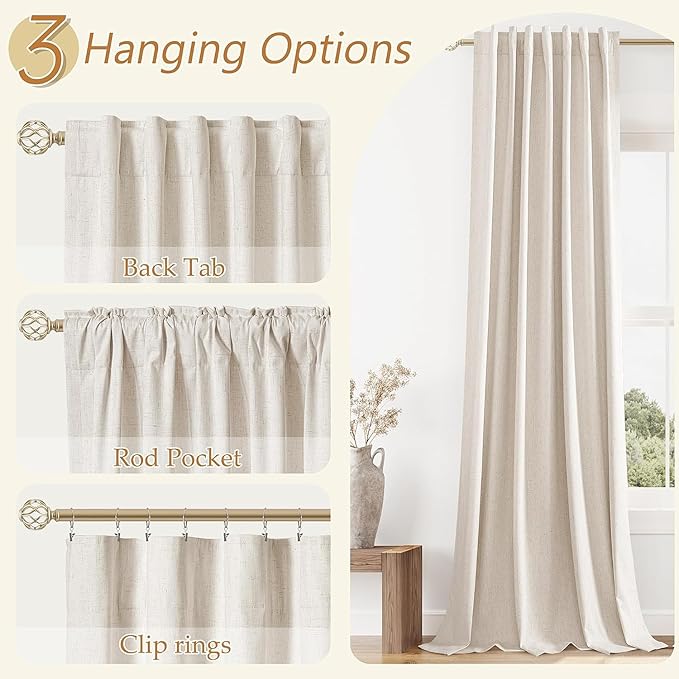 Guken 100% Blackout Linen Curtains 63 Inch Length 2 Panels Set for Living Room Bedroom Back Tab Thermal Insulated Black Out Drapes Room Darkening Farmhouse Style for Bedroom Window Curtains 40 Wide
