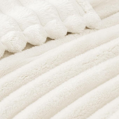 Exclusivo Mezcla Queen Size Flannel Fleece Blanket, Super Soft Striped Jacquard Bed Blanket, Lightweight Fuzzy Cozy for All Seasons, 90x90 Inches, Ivory