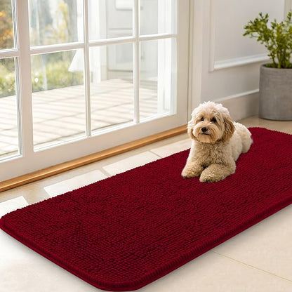 OLANLY Dog Door Mat for Muddy Paws 47x20, Absorbs Moisture and Dirt, Absorbent Non-Slip Washable Doormat, Quick Dry Chenille Mud Mat for Dogs, Entry Indoor Entryway Carpet for Inside Floor, Red