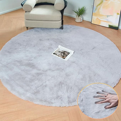 ORINOVA Washable Furry 5ft Round Area Rugs for Living Room Bedroom Light Grey Circle Faux Rabbit Shaggy Fur Rug Teen Room Décor
