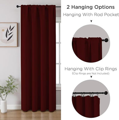 CUCRAF Burgundy Red Blackout Curtains 72 inch Length 2 Panels Set, Rod Pocket Room Darkening Drapes for Bedroom Living Room, Insulated Thermal Light Blocking Window Curtain (W52 x L72 Inch)