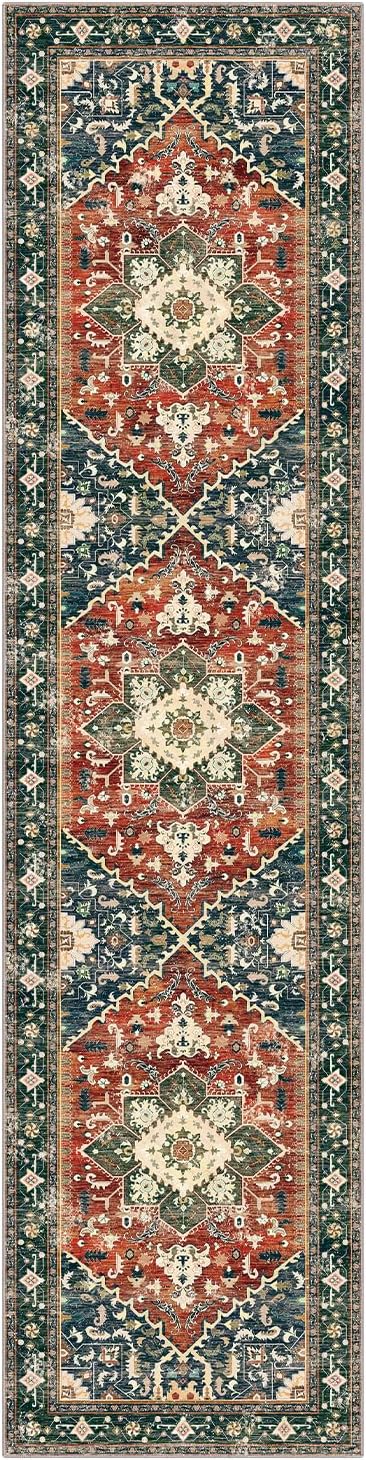 Yamaziot Washable Runner Rug, 2x8 Non-Slip Boho Vintage Hallway Rug Runner with Rubber Backing, Stain Resistant & Low Pile Faux Wool Distressed Carpet Runner for Kitchen, Laundry, Entrance, Brick Red