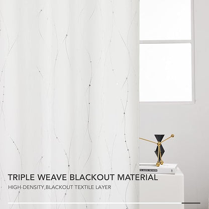 Deconovo White Curtains, Room Darkening Curtain, Thermal Insulated Noise Reduced Drapes, Wave Dots Silver Print, 52 x 95 Inch Long, Grommet Top, Window Panels for Living Room Bedroom Nursery, Set of 2