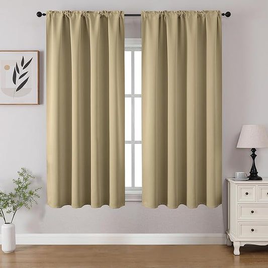 CUCRAF Beige Blackout Curtains 45 inch Length 2 Panels Set, Rod Pocket Room Darkening Drapes for Bedroom Living Room, Insulated Thermal Light Blocking Window Curtain (W52 x L45 Inch)