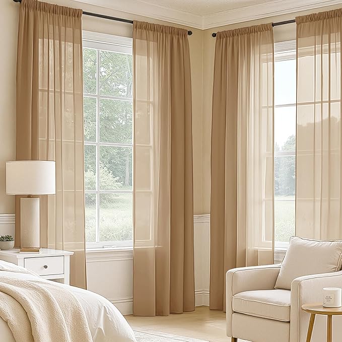 MIULEE Brown Sheer Curtains 63 Inches Long, 4 Panels Set, Rod Pocket Voile Drapes Light Filtering and Semi Transparent, Elegant Window Treatments for Bedroom Living Room,42 x 63 Inches