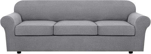 H.VERSAILTEX 4 Piece Stretch Sofa Covers for 3 Cushion Couch Covers for Living Room Furniture Slipcovers (Base Cover Plus 3 Seat Cushion Covers) Upgraded Thicker Jacquard Fabric (XL Sofa, Dove)