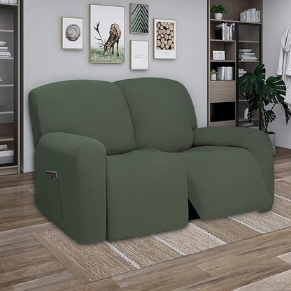 PureFit Super Stretch Loveseat Recliner Sofa Couch Cover with Pocket – 2 Seats Non Slip Soft Sofa Slipcover, Washable Reclining Furniture Protector for Pets (Recliner Loveseat, Grayish Green)