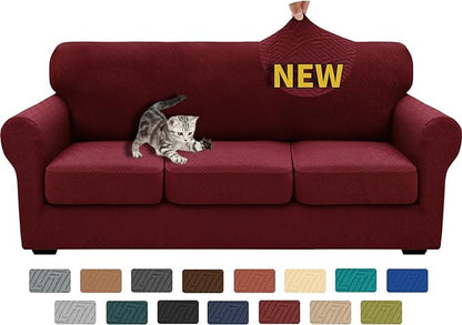 XINEAGE 2026 New 4 Pieces Couch Covers for 3 Cushion Couch Super Stretch Thick Soft Sofa Cover Anti Slip Sofa Slipcover Dogs Cats Furniture Protector (Wine Red, 71"-91")