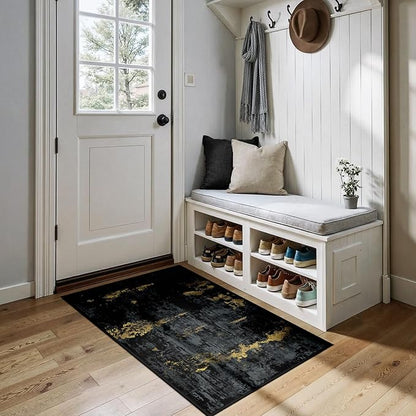 Washable Area Rugs 3x4 Non-Slip Modern Abstract Soft for Living Room Entryway Bedroom Nursery, Print Pattern, Dark Black Gold