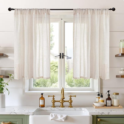 BGment Oatmeal Linen Curtains 40 Inch Length for Short Window - Semi Sheer Drapes Textured Light Filtering with Rod Pocket for Kitchen Bathroom Lightweight, 2 Panels Set, 42 X 40 Inch