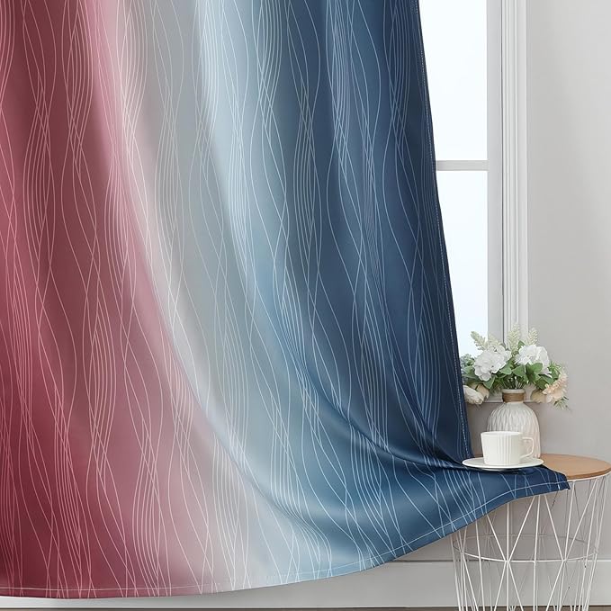 Estelar Textiler Navy Blue and Burgundy Red Ombre Blackout Curtains 45 Inches Long, Room Darkening Gradient Drapes for Kitchen, Thermal Insulated Grommet Curtains for Short Window,52Wx45L,2 Panels
