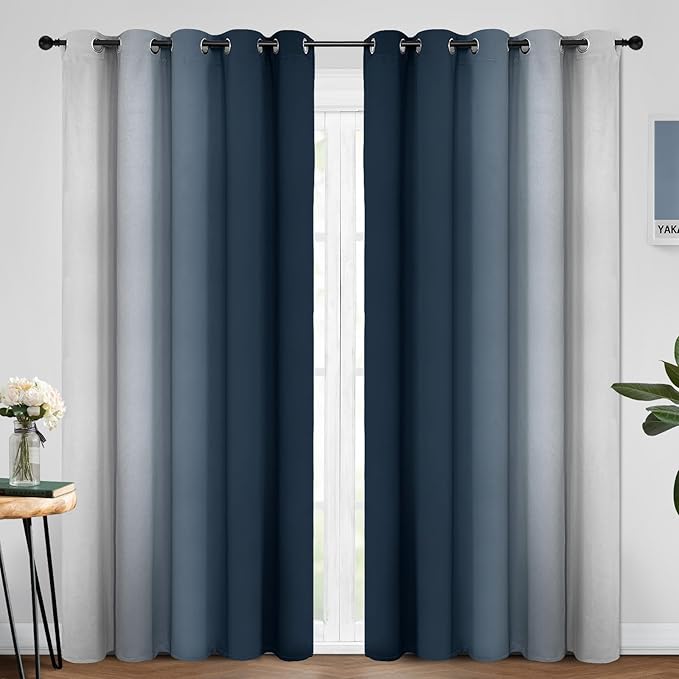 Yakamok Room Darkening Ombre Curtains 84 Inch Length, Navy Blue and Greyish White Thermal Insulated Gradient Color Curtains,Light Blocking Grommet Window Drapes for Bedroom,70 Inch Width,2 Panels