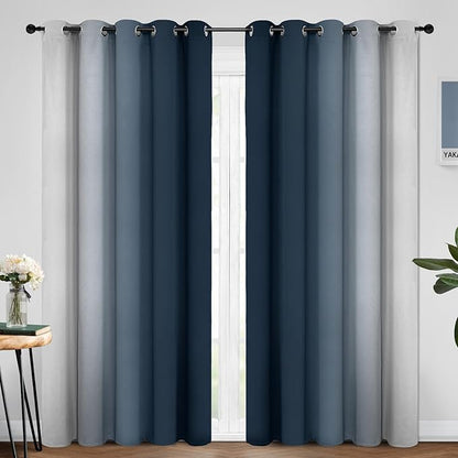 Yakamok Room Darkening Ombre Curtains 84 Inch Length, Navy Blue and Greyish White Thermal Insulated Gradient Color Curtains,Light Blocking Grommet Window Drapes for Bedroom,70 Inch Width,2 Panels