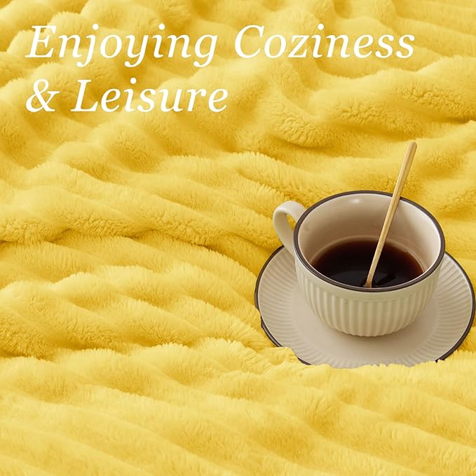 BEDELITE Fleece Throw Blanket for Couch - 300GSM Soft & Warm Fluffy Custard Yellow Blanket, Decorative and Giftable Striped Blankets for Women, Men, 50"x60"