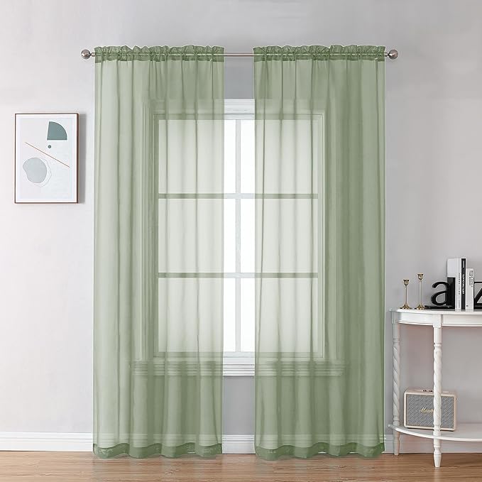 OVZME Sage Green Sheer Curtains 78 Inches Long 2 Panels - Soft Light Filtering Window Sheer Panels for Living Room/Bedroom, Top Dual Rod Pocket, 1 Pair, Each 42Wx78L Inches