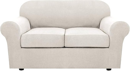 H.VERSAILTEX 3 Piece Stretch Sofa Covers for 2 Cushion Loveseat Couch Covers for Living Room Sofa Slipcovers (Base Cover Plus 2 Seat Cushion Covers) Thicker Jacquard Fabric(Medium Sofa, Ivory)