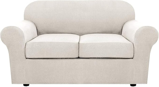 H.VERSAILTEX 3 Piece Stretch Sofa Covers for 2 Cushion Loveseat Couch Covers for Living Room Sofa Slipcovers (Base Cover Plus 2 Seat Cushion Covers) Thicker Jacquard Fabric(Medium Sofa, Ivory)