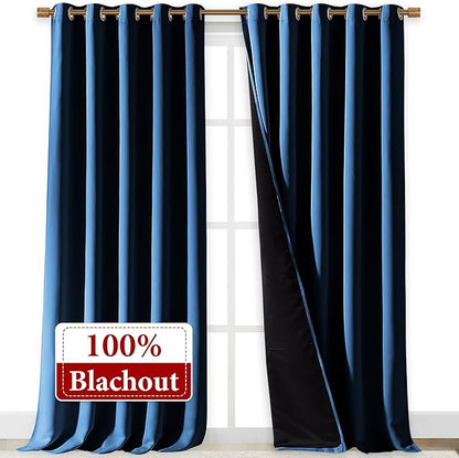 NICETOWN 100% Blackout Blinds, Laundry Room Decor Window Treatment Curtains for Large Patio Sliding Door, Thermal Insulated Moroccan Blue Curtains for Bedroom, Set of 2, 70 inches x 108 inches