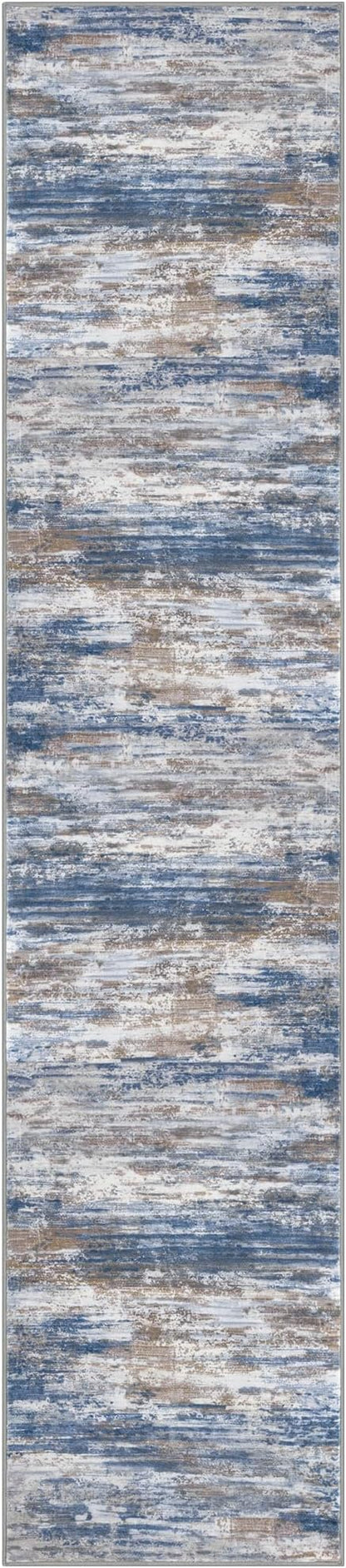 KOZYFLY Modern Abstract Washable Rug Runner 2.6x12 Hallway Rug Runner Non-Slip Soft Kitchen Runner Rugs, Blue Rust Striped Carpet for Entryway Bathroom Laundry Room Foyer