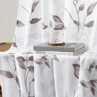HOMEIDEAS Non-See-Through Dry Rose and White Privacy Sheer Curtains 52 X 84 Inch Length 2 Panels, Leaf Floral Printed Light Filtering Semi Sheer Window Curtains Drapes for Bedroom Living Room