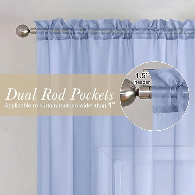 Lecloud Denim Blue Sheer Curtains 90 Inches Long 2 Panels, Voile Rod Pocket Light Filtering Window Curtains for Living Room Bedroom Dining Room, Airy Drapes for Balcony, Each Panel 42" W x 90" L