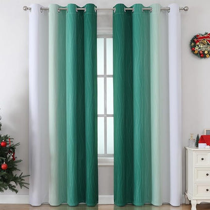 Estelar Textiler Green and Greyish White Gradient Blackout Curtains for Bedroom, Thermal Insulated Ombre Drapes 96 Inches Long, Full Light Blocking Curtains for Living Room, 52Wx96L, 2 Panels