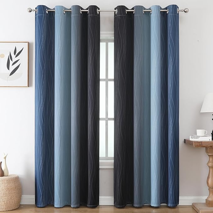 Estelar Textiler Black and Navy Blue Gradient Blackout Curtains for Bedroom 96 Inch Length, Thermal Insulated Ombre Drapes, Full Light Blocking Energy Saving Curtains for Living Room,52Wx96L,2 Panels