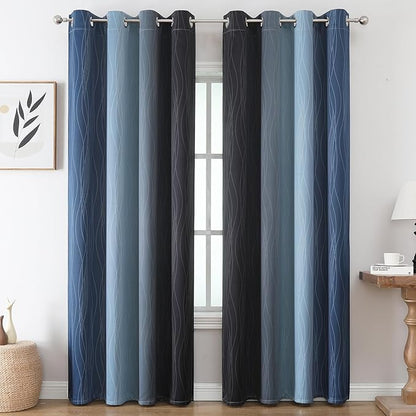 Estelar Textiler Black and Navy Blue Gradient Blackout Curtains for Bedroom 96 Inch Length, Thermal Insulated Ombre Drapes, Full Light Blocking Energy Saving Curtains for Living Room,52Wx96L,2 Panels