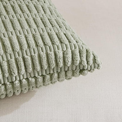 Fancy Homi 4 Packs Sage Green Decorative Throw Pillow Covers 24x24 Inch for Living Room Couch Bed Sofa, Rustic Farmhouse Boho Home Decor Soft Plush Striped Corduroy Square Cushion Case 60x60 cm