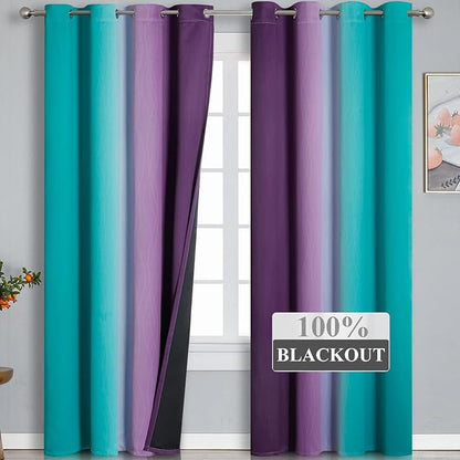 Estelar Textiler Ombre Purple Blackout Curtains 96 Inches Long, Teal Curtains for Living Room, Grommet Thermal Insulated Gradient Drapes, Full Light Blocking Curtains for Bedroom,52x96 Inch, 2 Panels