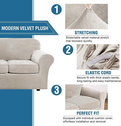 H.VERSAILTEX High Stretch Sofa Slipcover 4 Piece Cover Velvet Furniture Protector Form Fit Thick Velvet Extra Large Sofa Cover for 3 Cushion Couch Width Up to 97 Inch (Large Sofa, Oatmeal)