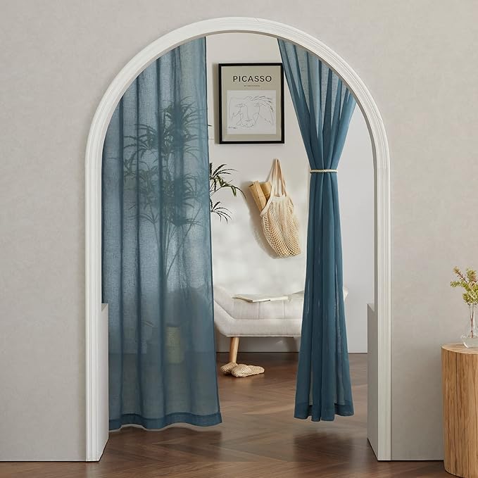 NICETOWN Linen Blend Semi Sheer Curtains, (Smoke Blue) Grommet Top Privacy with Light Penetration Flax Sheer Curtains & Drapes for Living Room/Bedroom, W52 x L108, 2 Panels